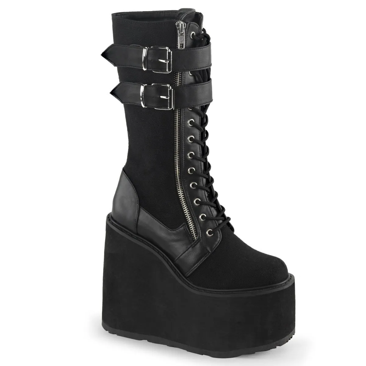 Demonia SWING-221 | Black Canvas & Vegan Leather Knee High Boots