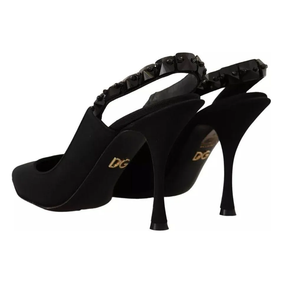 Dolce & Gabbana Black Embellished Heels Slingback Charmeuse Shoes