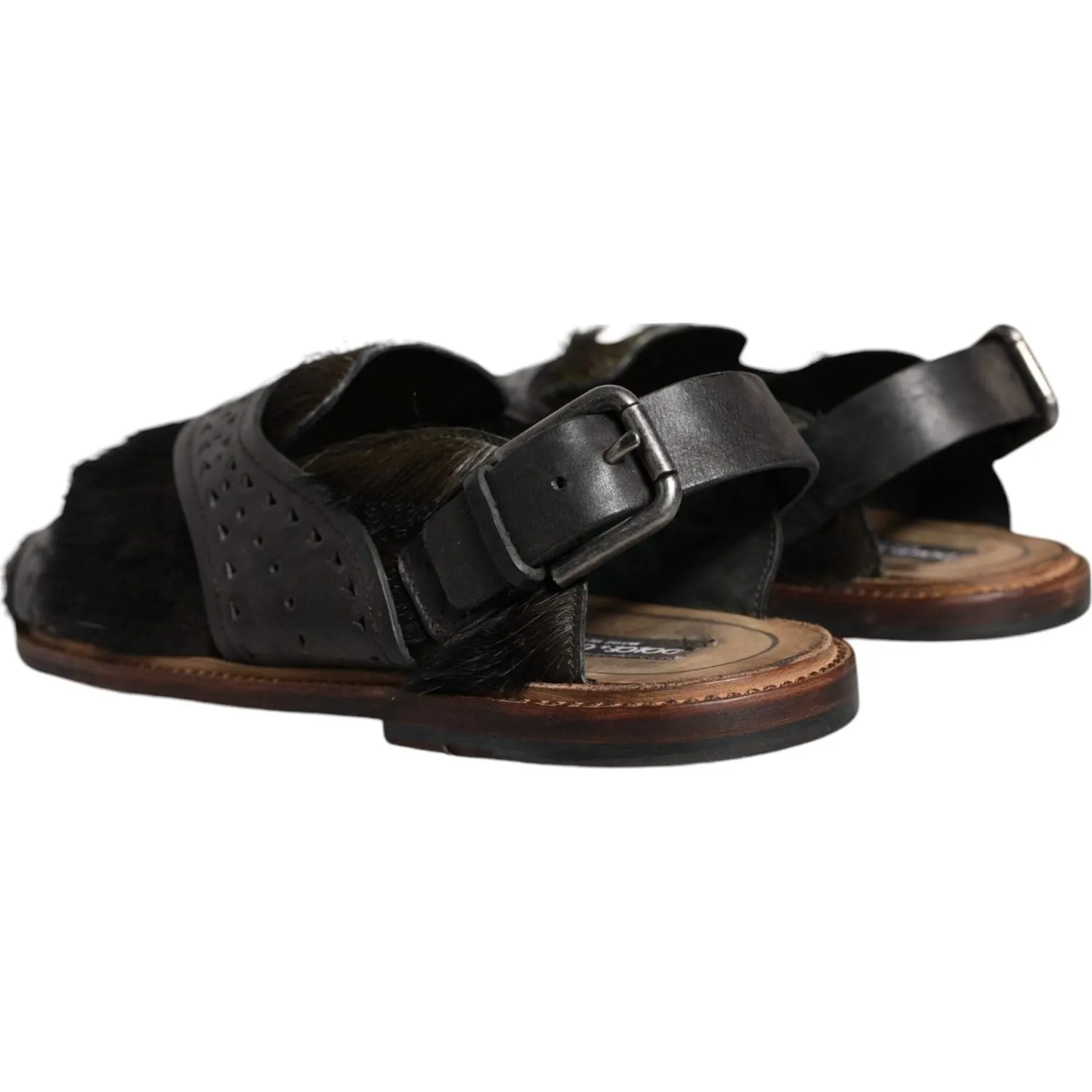 Dolce & Gabbana Black Gazelle Hair Leather Flats Sandals Shoes