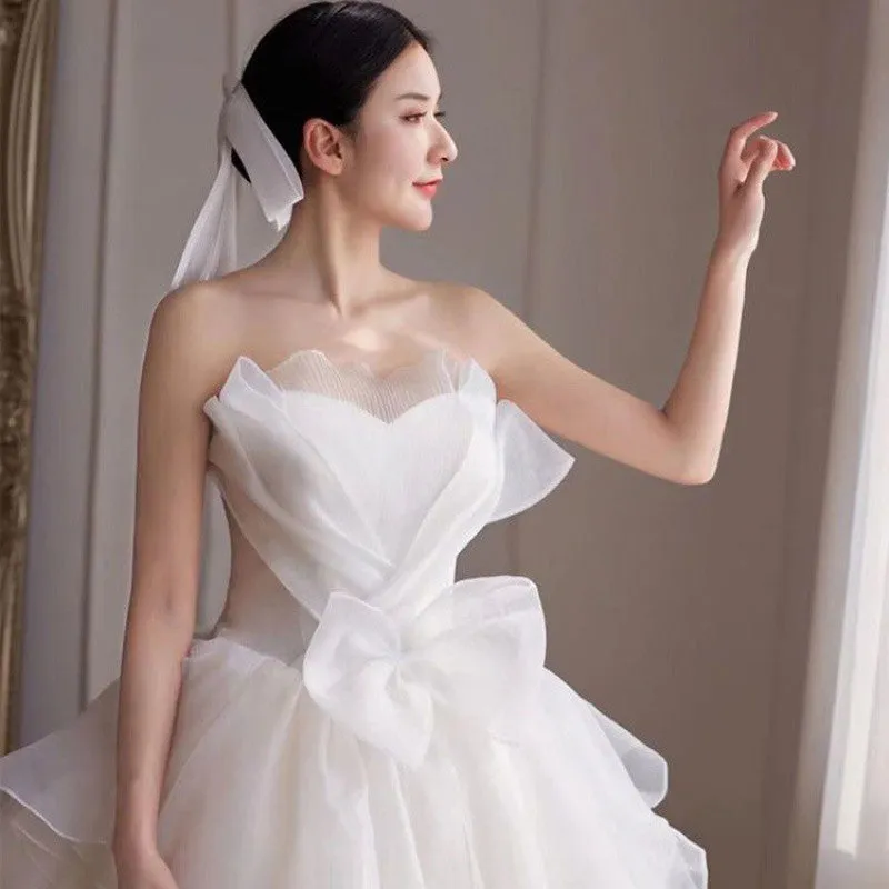 dunnmall Tube Top  Main Light New Wedding Dress Temperament Bride Trailing Court Style Simple Small Summer