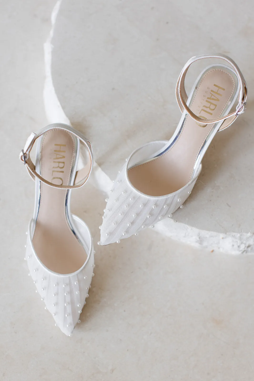 Ellie - White Low Heel with Handsewn Pearls