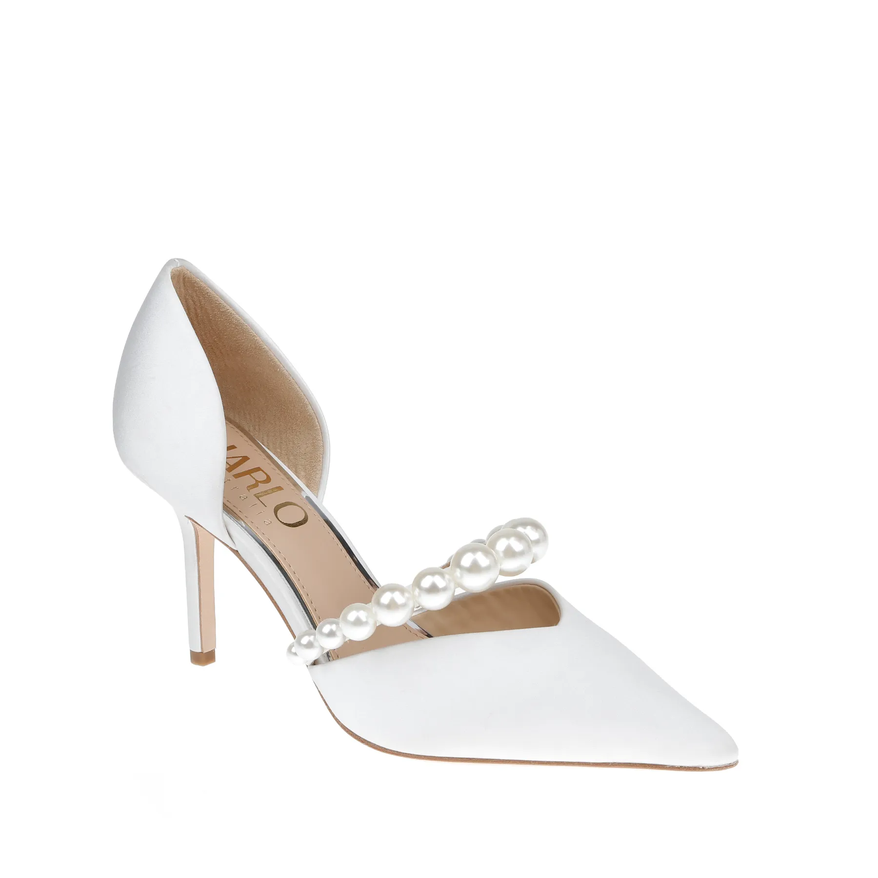 Emma - D'Orsay Pointed Toe High Heels with Pearl Strap - Soft White