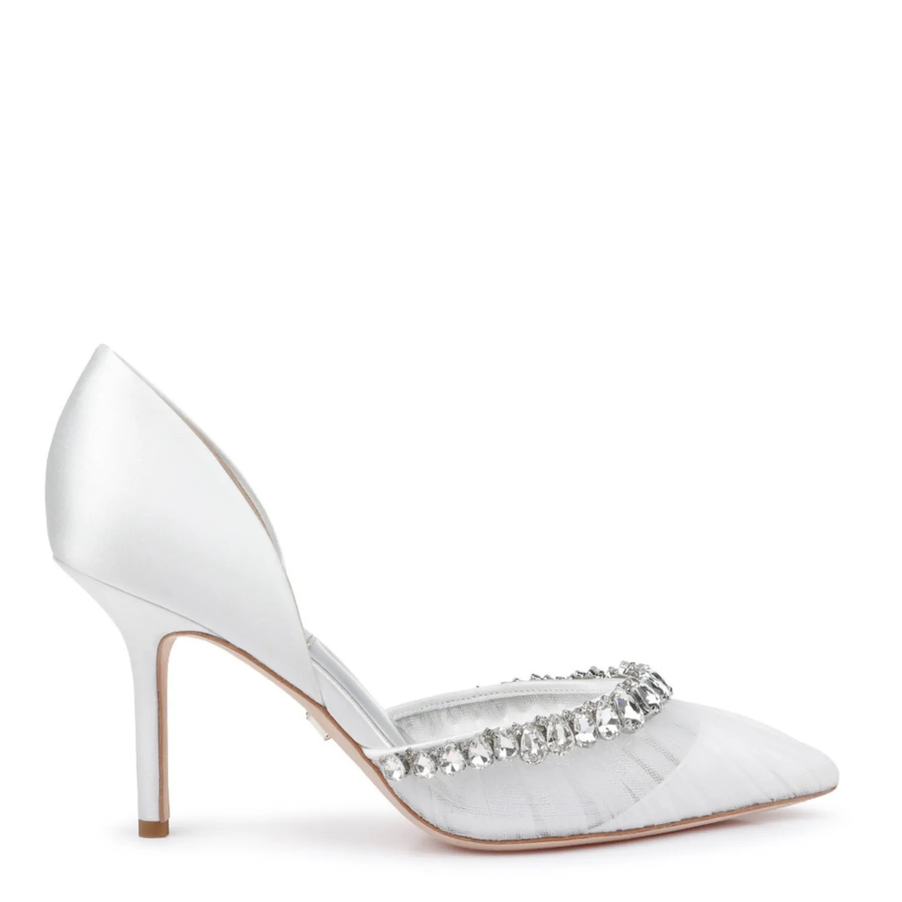 Everley - Satin & Tulle D'orsay Heels with Crystal Embellishments - Soft White