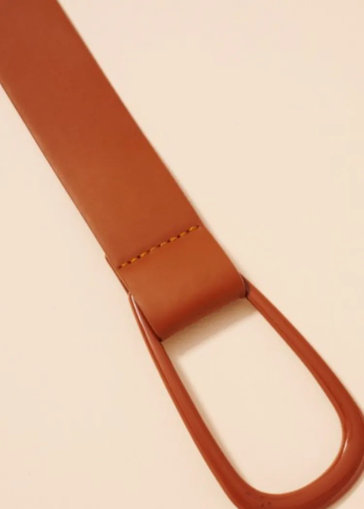 Faux Leather Oval Belt - Camel