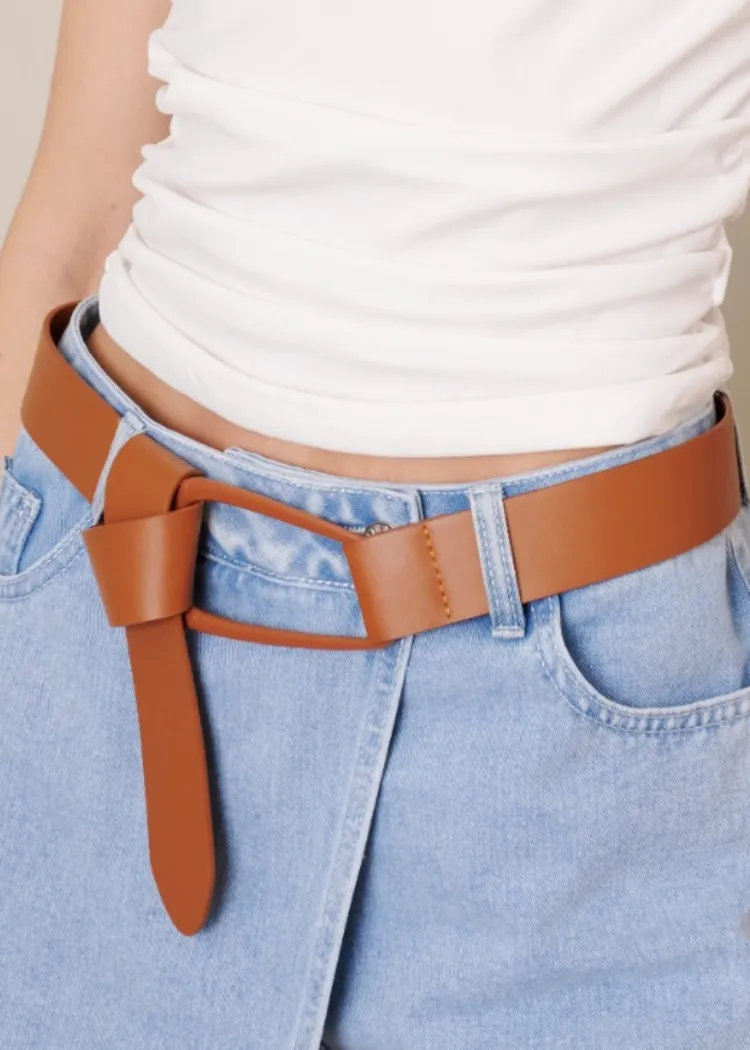 Faux Leather Oval Belt - Camel