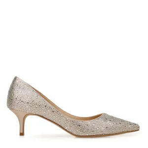 Frenchie - Crystal Embellished Pointed Toe Kitten Heels - Champagne Nude