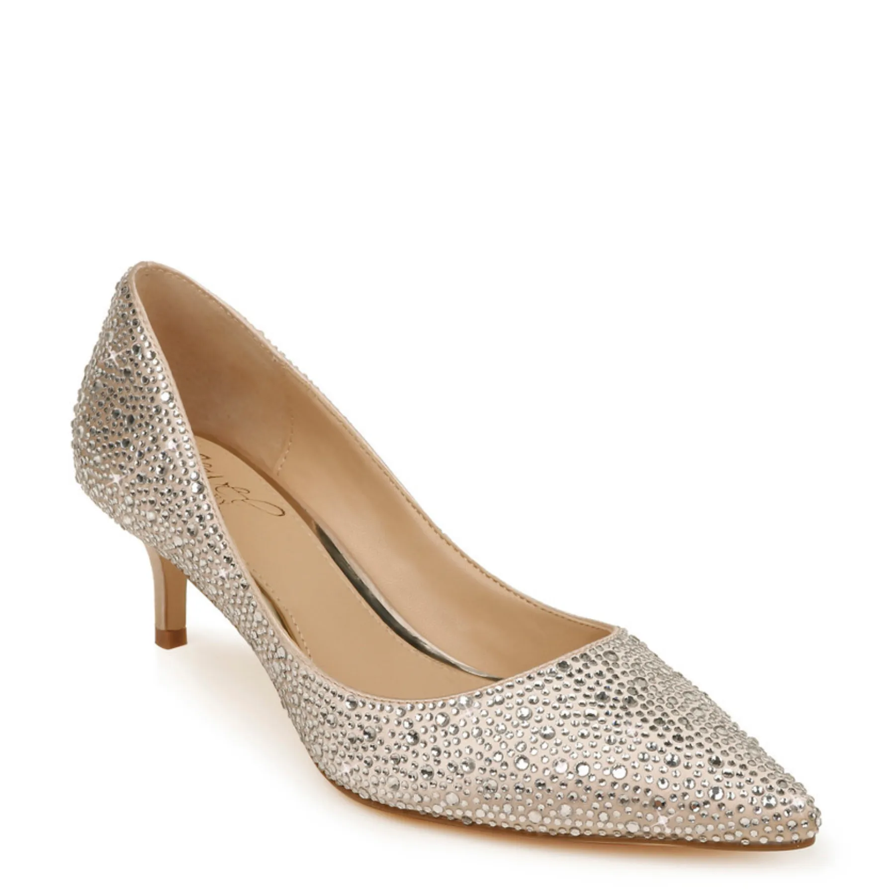 Frenchie - Crystal Embellished Pointed Toe Kitten Heels - Champagne Nude