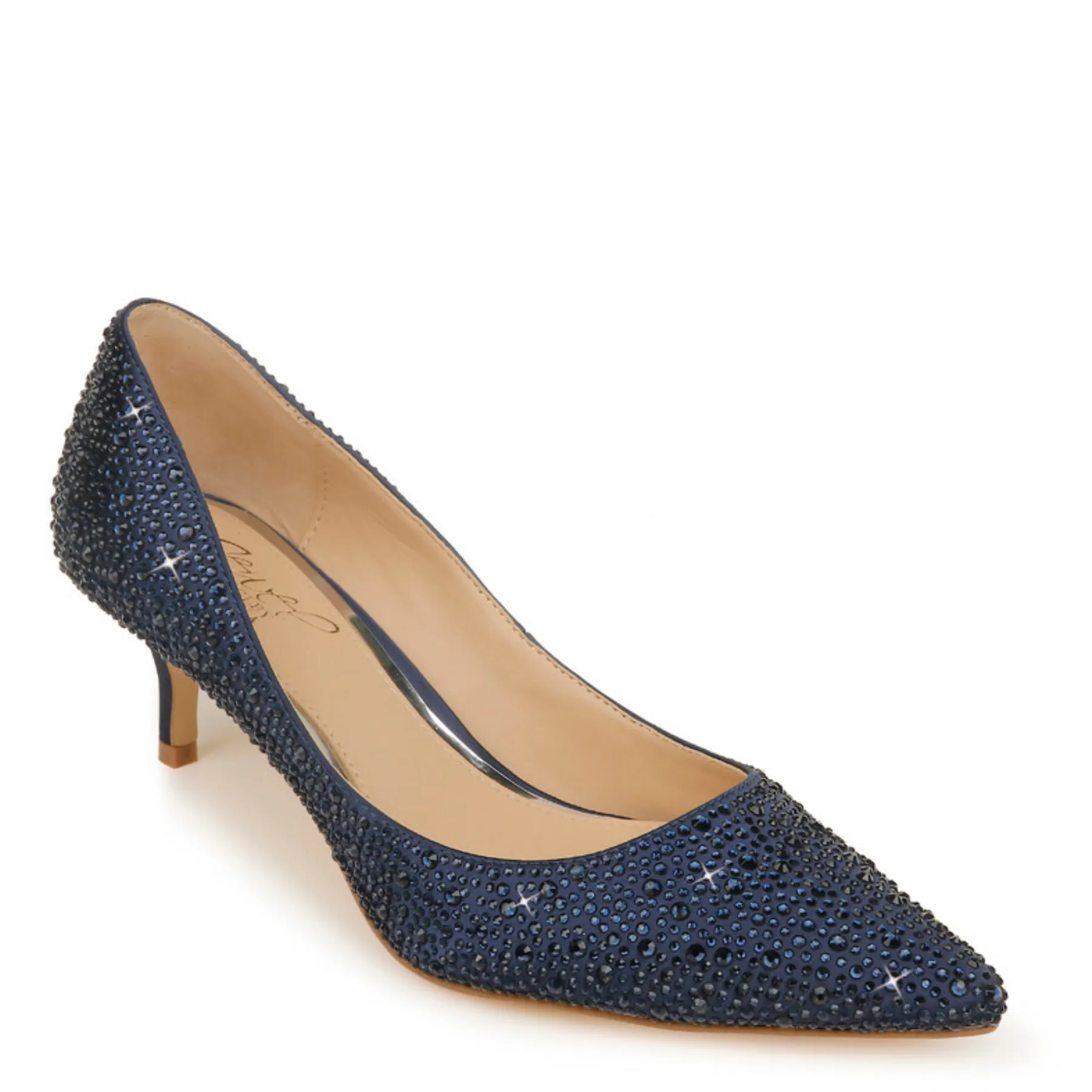 Frenchie - Crystal Embellished Pointed Toe Kitten Heels - Navy Blue