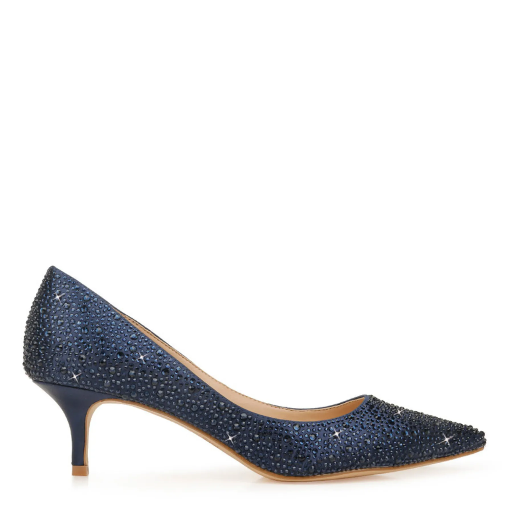 Frenchie - Crystal Embellished Pointed Toe Kitten Heels - Navy Blue