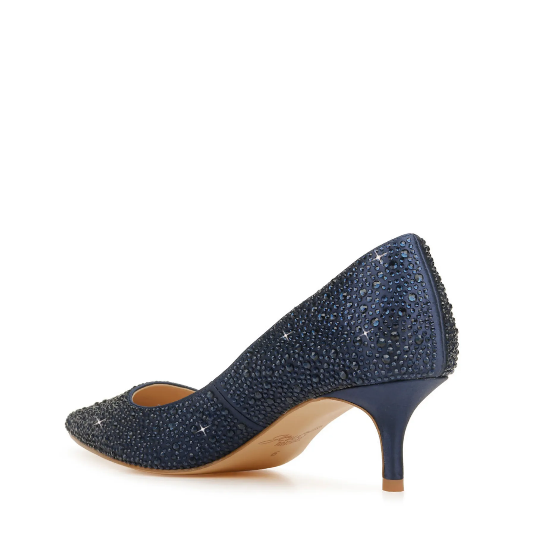 Frenchie - Crystal Embellished Pointed Toe Kitten Heels - Wide Fit - Navy Blue