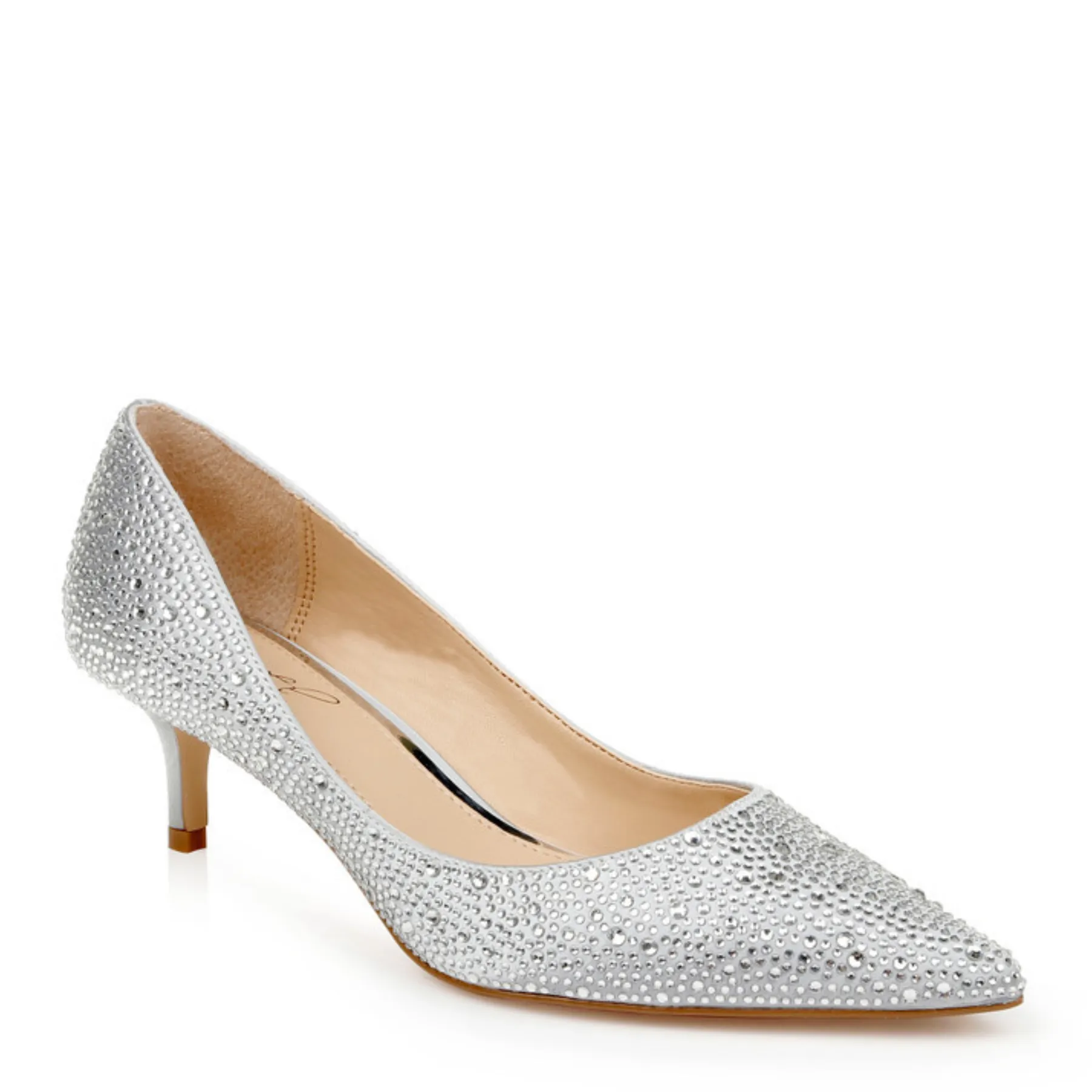 Frenchie - Crystal Embellished Pointed Toe Kitten Heels - Wide Fit - Silver