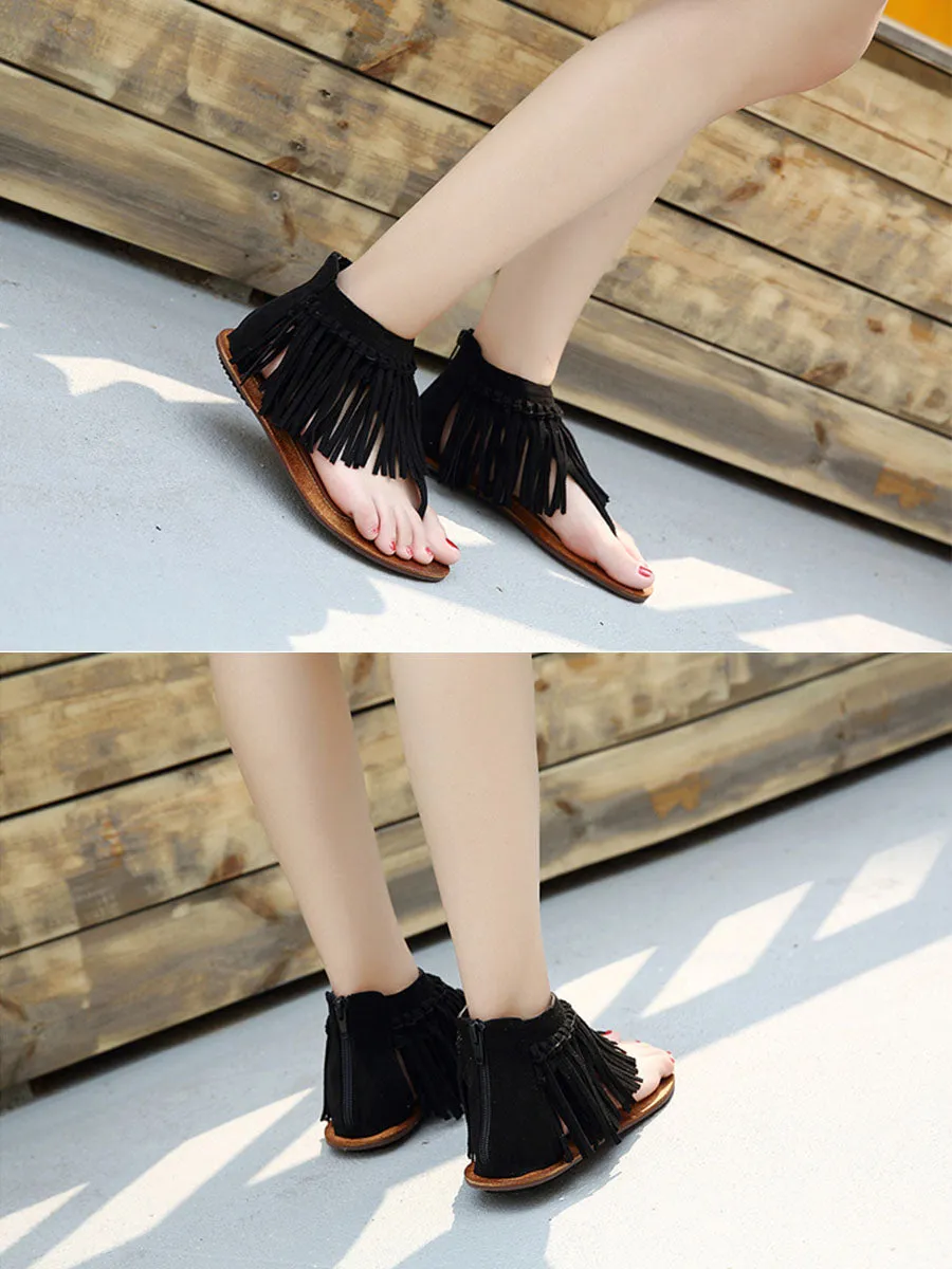 Fringe Solid Color Close Back Flat Roma Boho Sandals