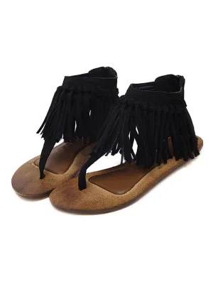 Fringe Solid Color Close Back Flat Roma Boho Sandals