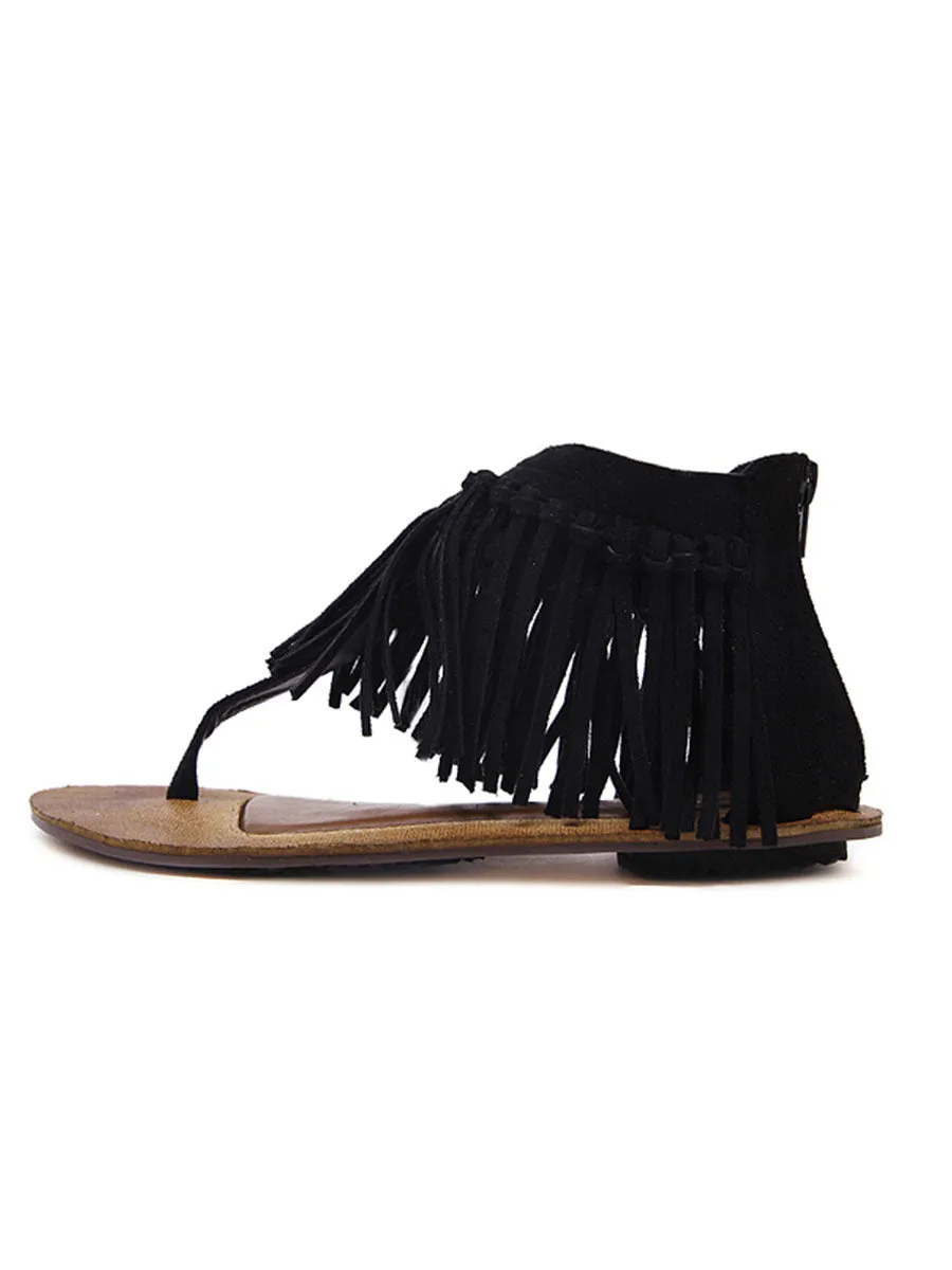 Fringe Solid Color Close Back Flat Roma Boho Sandals