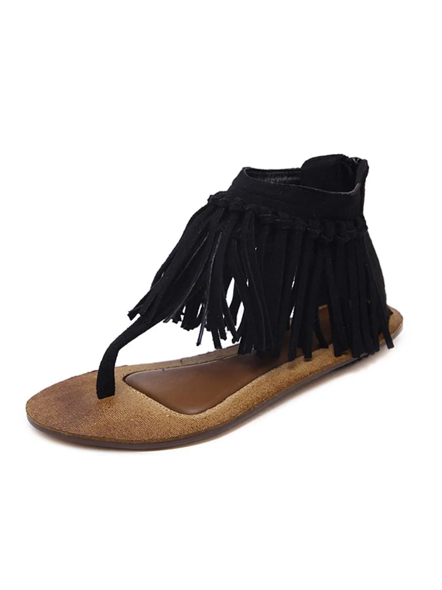 Fringe Solid Color Close Back Flat Roma Boho Sandals