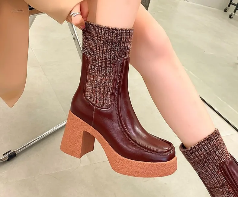 Genuine Leather Chunky High Heels Ankle-Length Boots