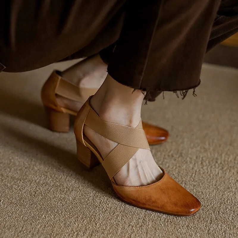 Genuine Leather Square Toe X Strap Mary Jane Pumps in Black/Beige/Coffee/Yellow