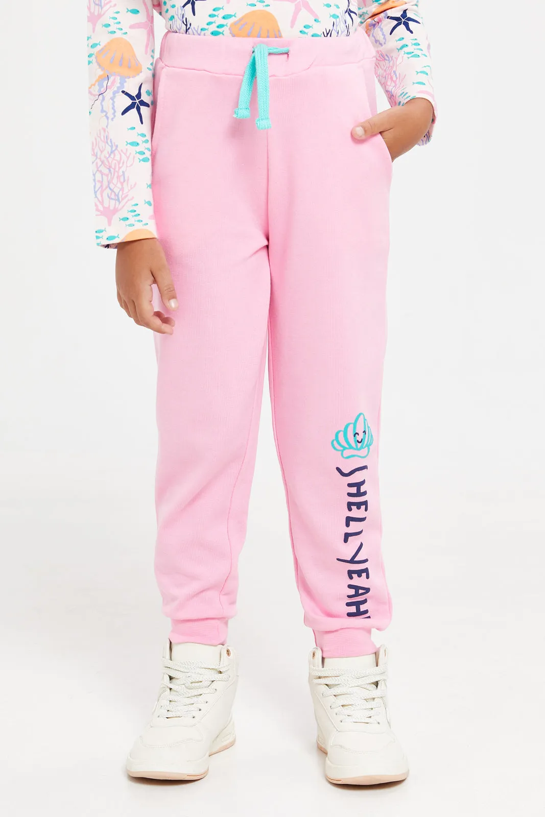 Girls Pink Placement Print Track Pants