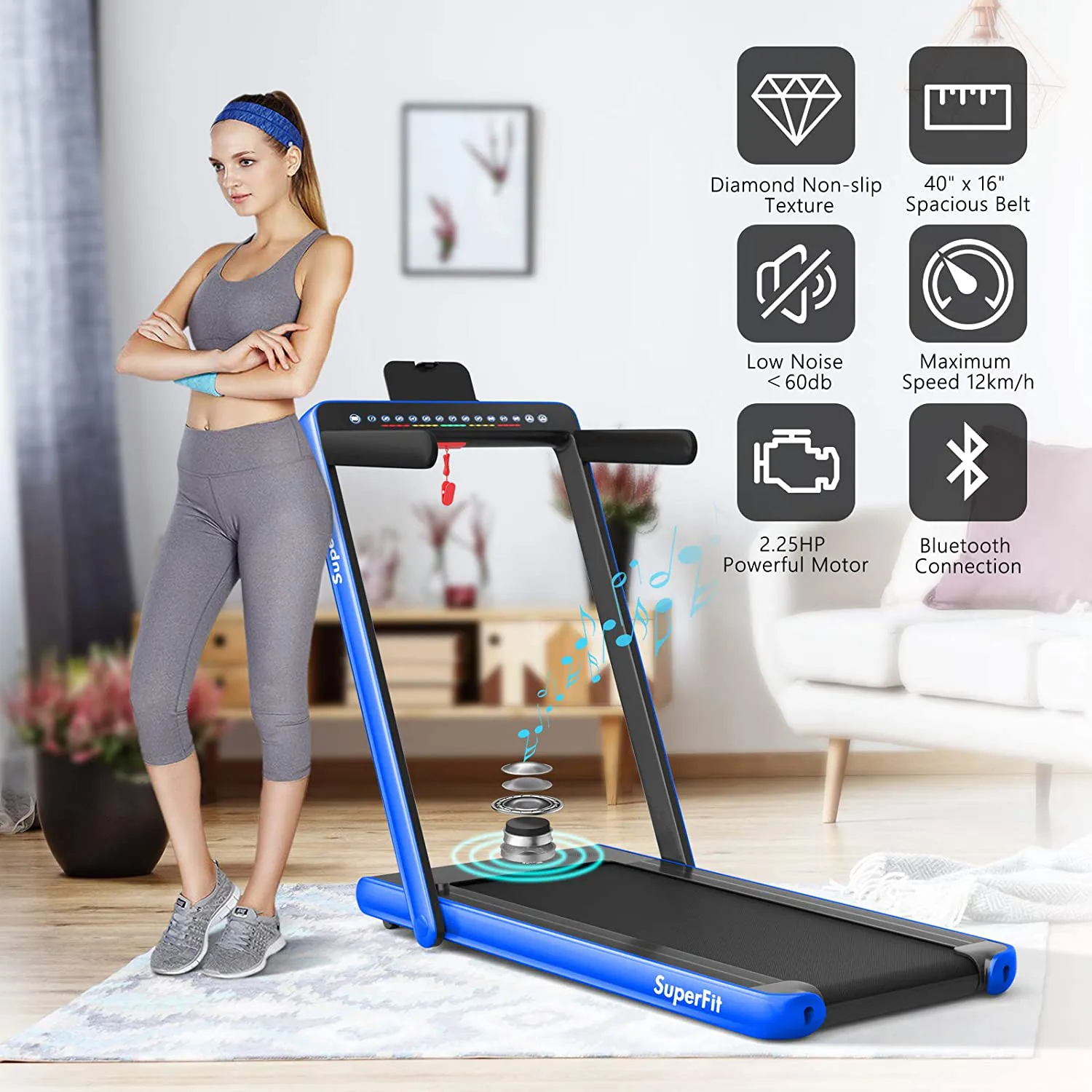 Goplus 2 in 1 Folding Treadmill with Dual Display, 2.25HP Under Desk Electric Pad Treadmill, Installation-Free, Bluetooth Speaker, Remote Control, Walking Jogging Machine for Home/Office Use