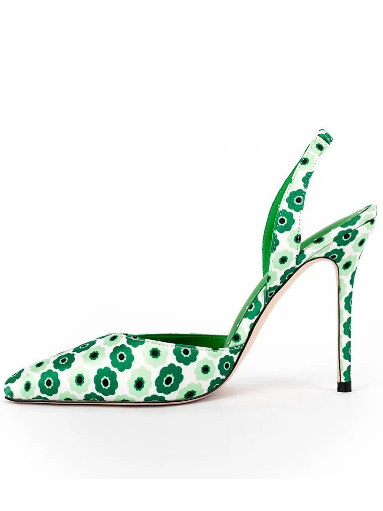 Green 12cm Height Women's Floral Print Pointed Toe PU Leather Heels