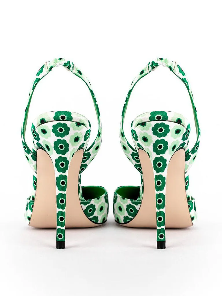 Green 12cm Height Women's Floral Print Pointed Toe PU Leather Heels