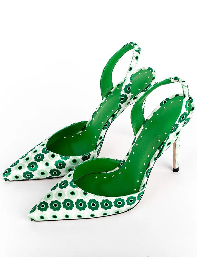 Green 12cm Height Women's Floral Print Pointed Toe PU Leather Heels