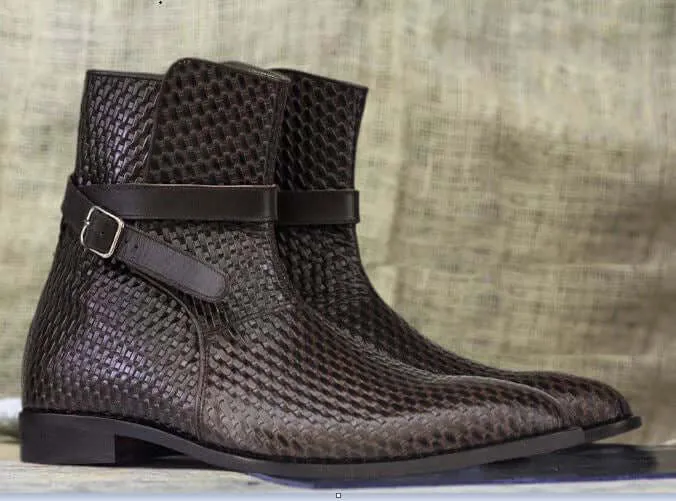 Handmade Ankle High Woven Texture Leather Boot, Men's Jodhpurs Braided Style Leather Boot