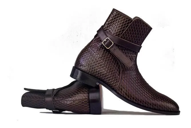 Handmade Ankle High Woven Texture Leather Boot, Men's Jodhpurs Braided Style Leather Boot