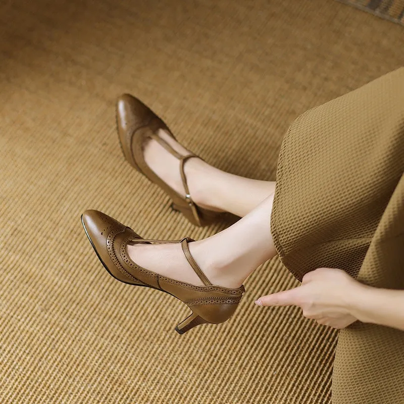 Handmade Leather T strap Detail Brogued Mary Jane Pumps in Black/Brown/Khaki