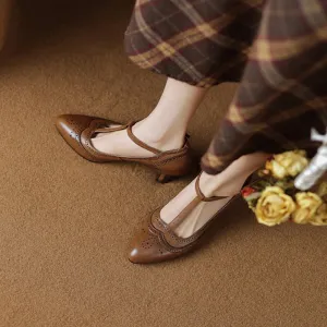 Handmade Leather T strap Detail Brogued Mary Jane Pumps in Black/Brown/Khaki