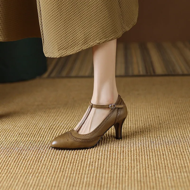 Handmade Leather T strap Detail Brogued Mary Jane Pumps in Black/Brown/Khaki