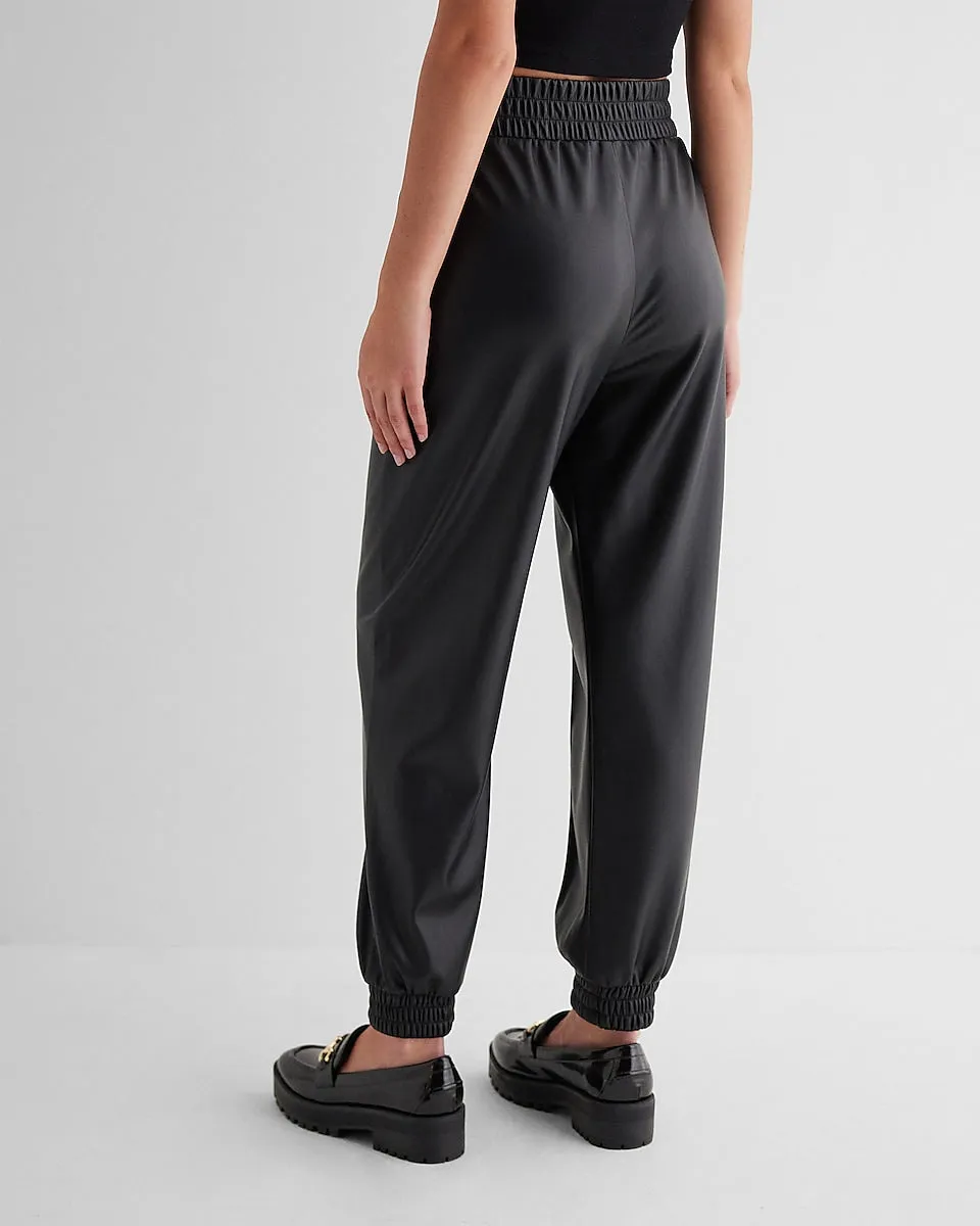 High Waisted Faux Leather Seamed Joggers in Pitch Black