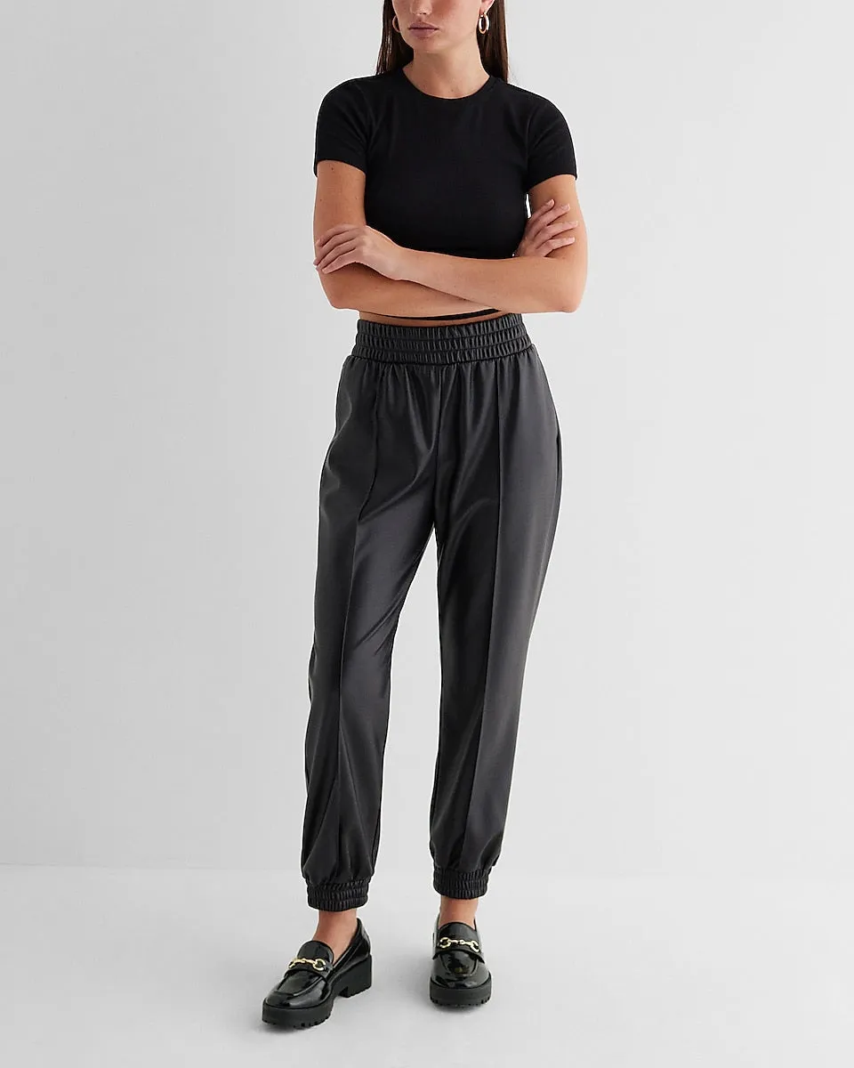 High Waisted Faux Leather Seamed Joggers in Pitch Black