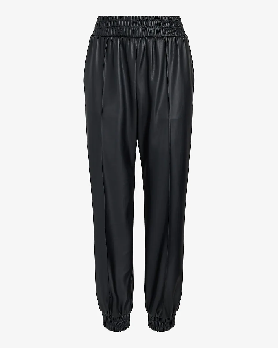 High Waisted Faux Leather Seamed Joggers in Pitch Black