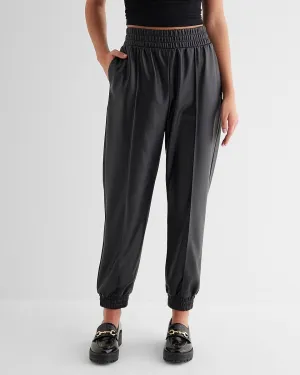 High Waisted Faux Leather Seamed Joggers in Pitch Black