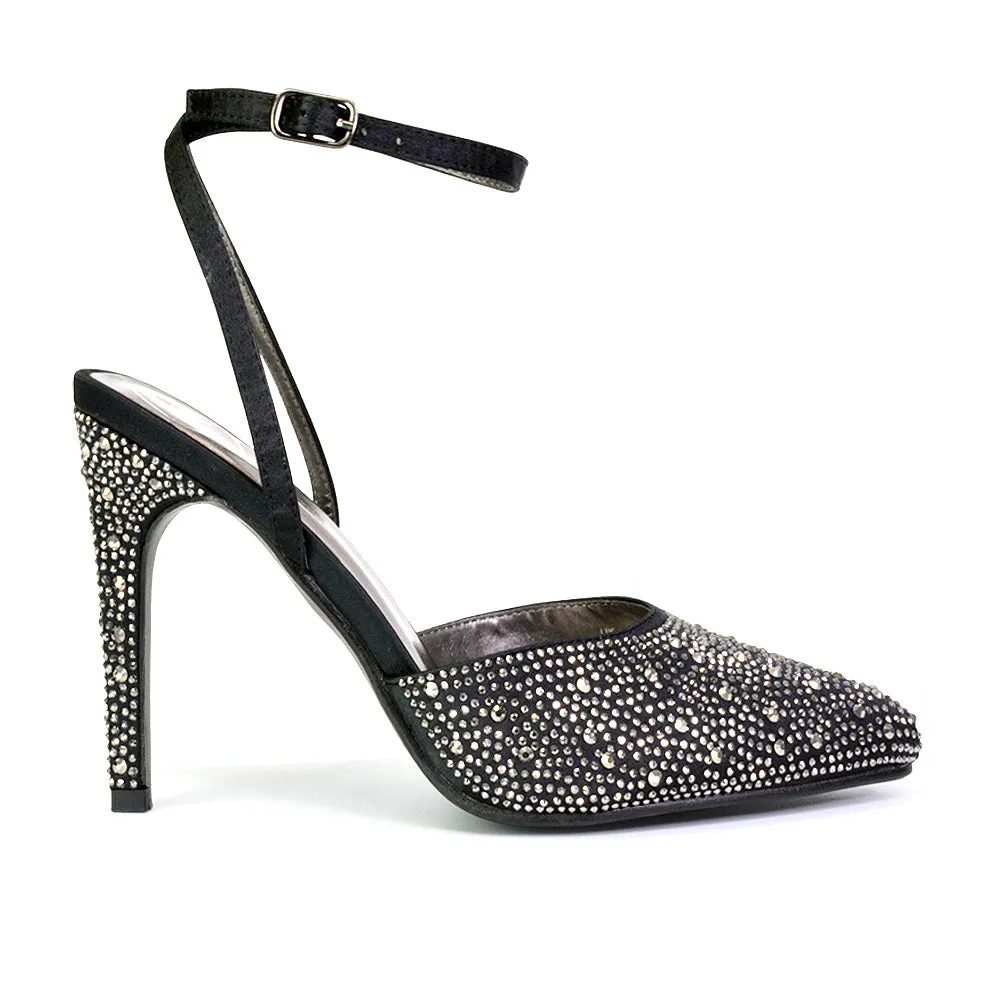 Indyah Diamante Court Shoes Stiletto High Heels Strappy Sandals in Black