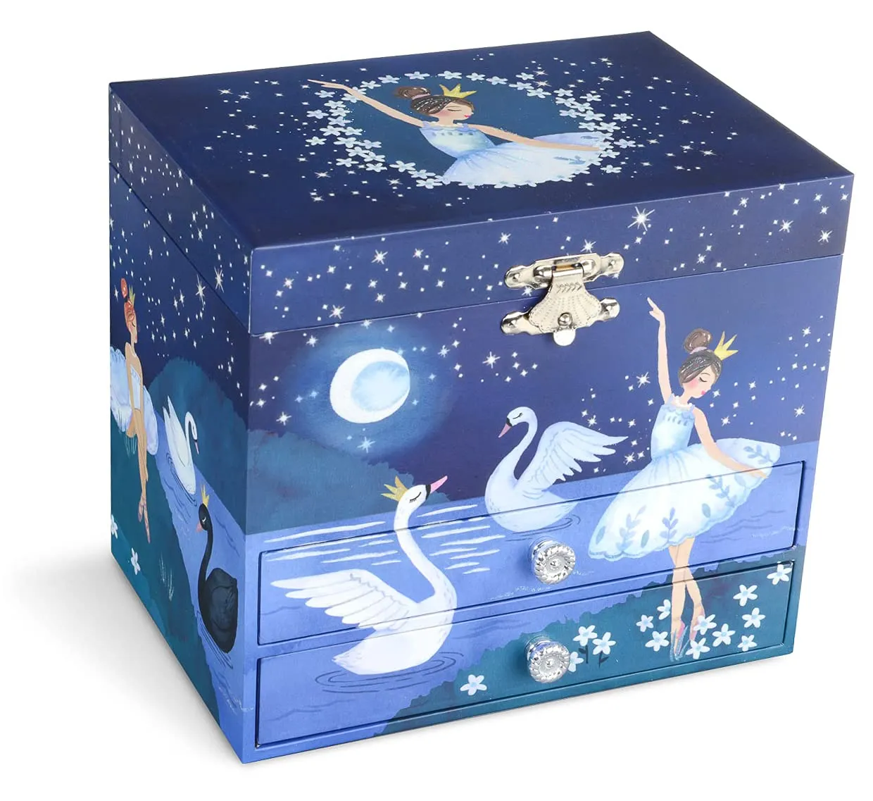 Jewelkeeper Ballerina Musical Jewelry Box with 2 Pullout Drawers, Glitter Design, Swan