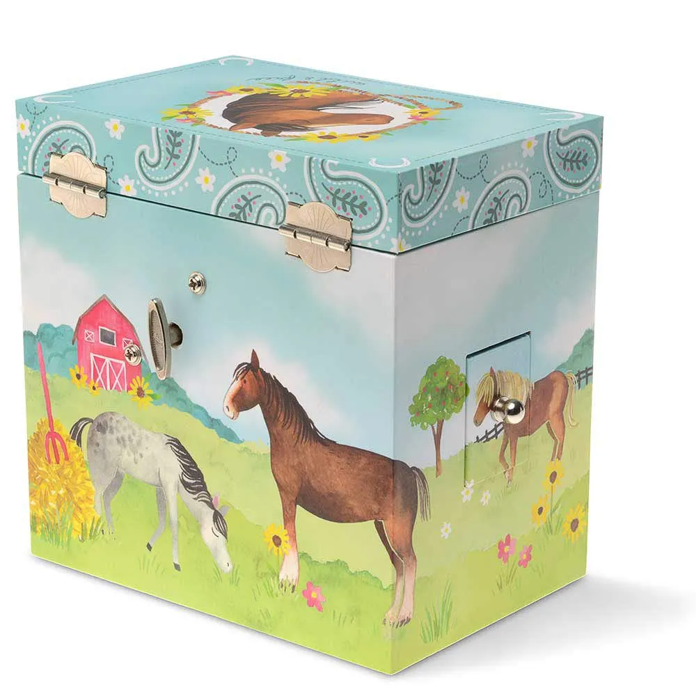 Jewelkeeper Musical Jewelry Box 3 Drawers, Horse and Barn Design, Home on The Range