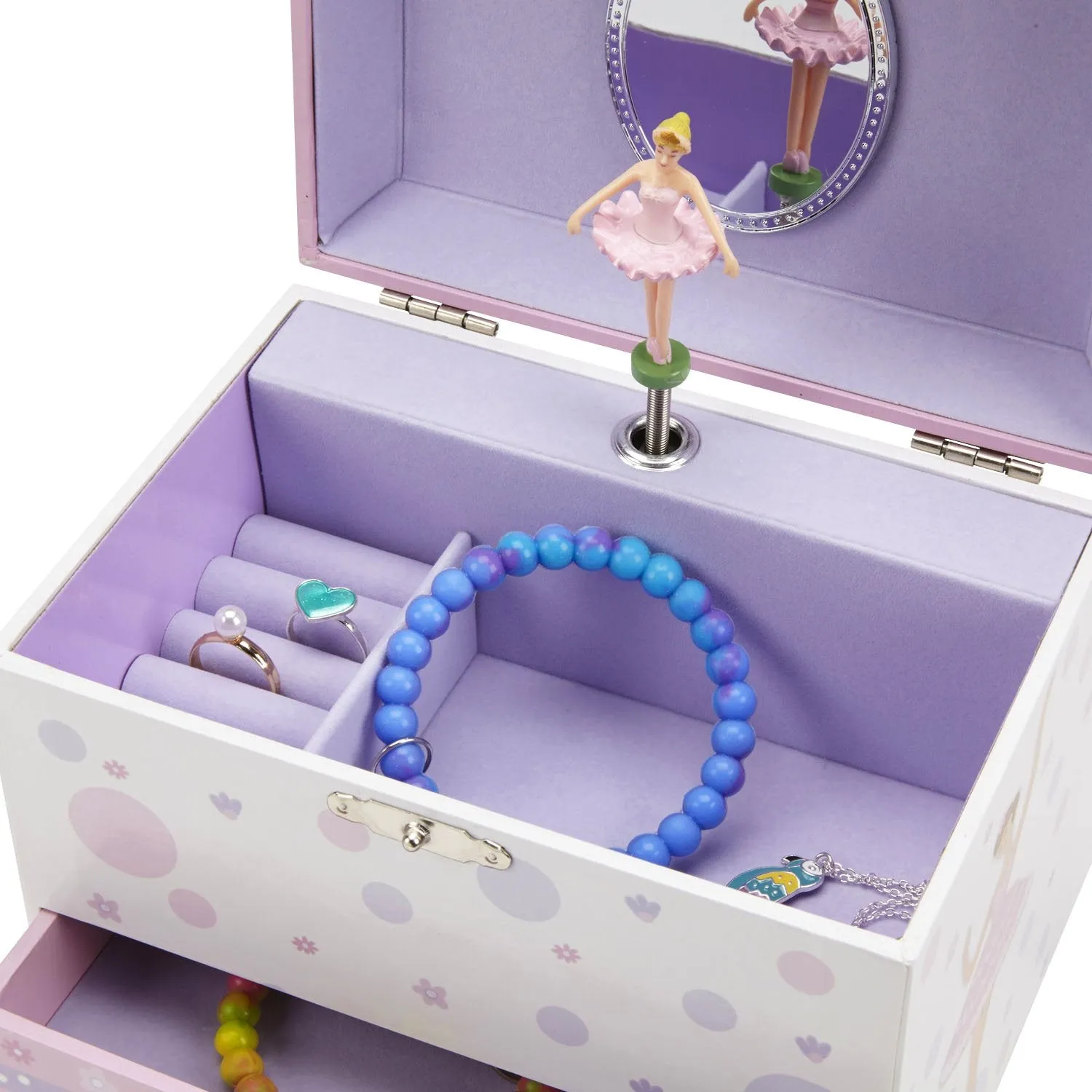 Jewelkeeper White and Purple Ballerina Musical Jewelry Box with 2 Pullout Drawers, Swan