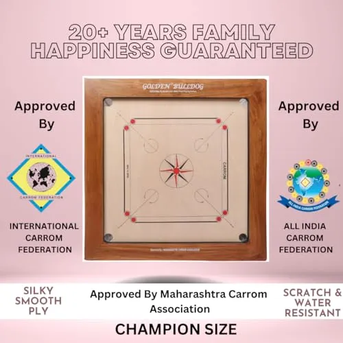 KD Sports Kd Golden Carrom Board Antique Indoor Board Game Approved By Carrom Federation Of India & Maharashtra Carrom Association (20Mm, Champion), Big Kid