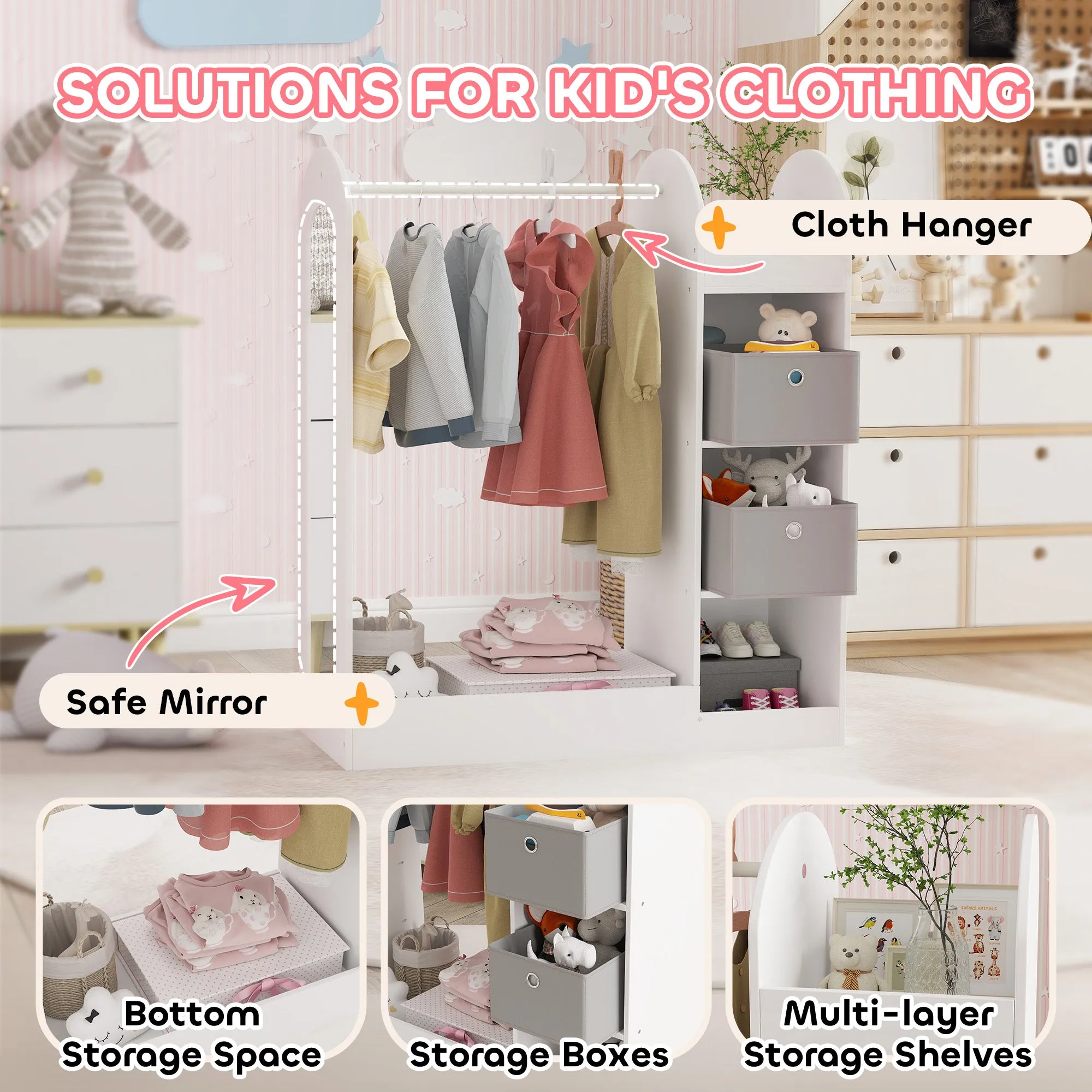 Kids Cloth Rail with Storage Shelf, Boxes, Mirror for Bedroom, White