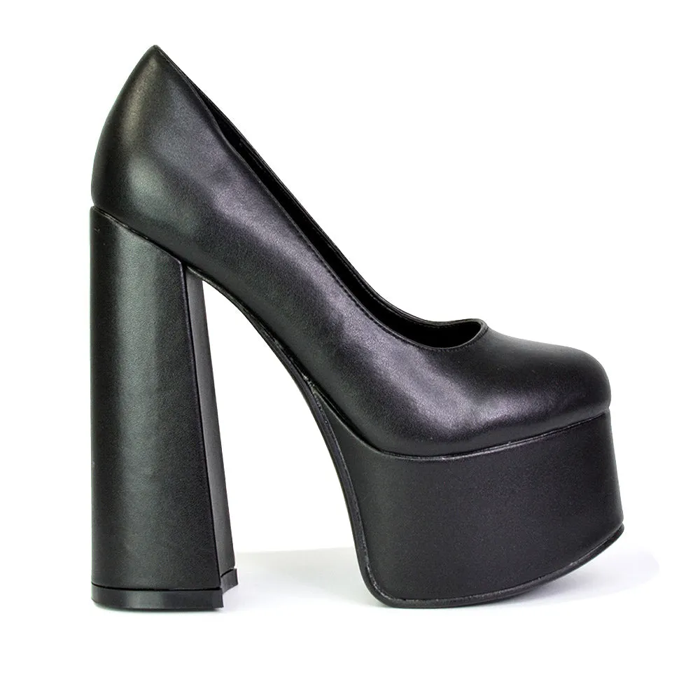 Kiwi Chunky Block Super High Heel Statement Closed Toe Platform Court Shoes in Black