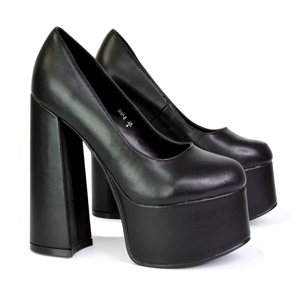 Kiwi Chunky Block Super High Heel Statement Closed Toe Platform Court Shoes in Black