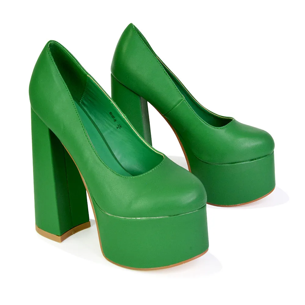 Kiwi Chunky Block Super High Heel Statement Closed Toe Platform Court Shoes in Green