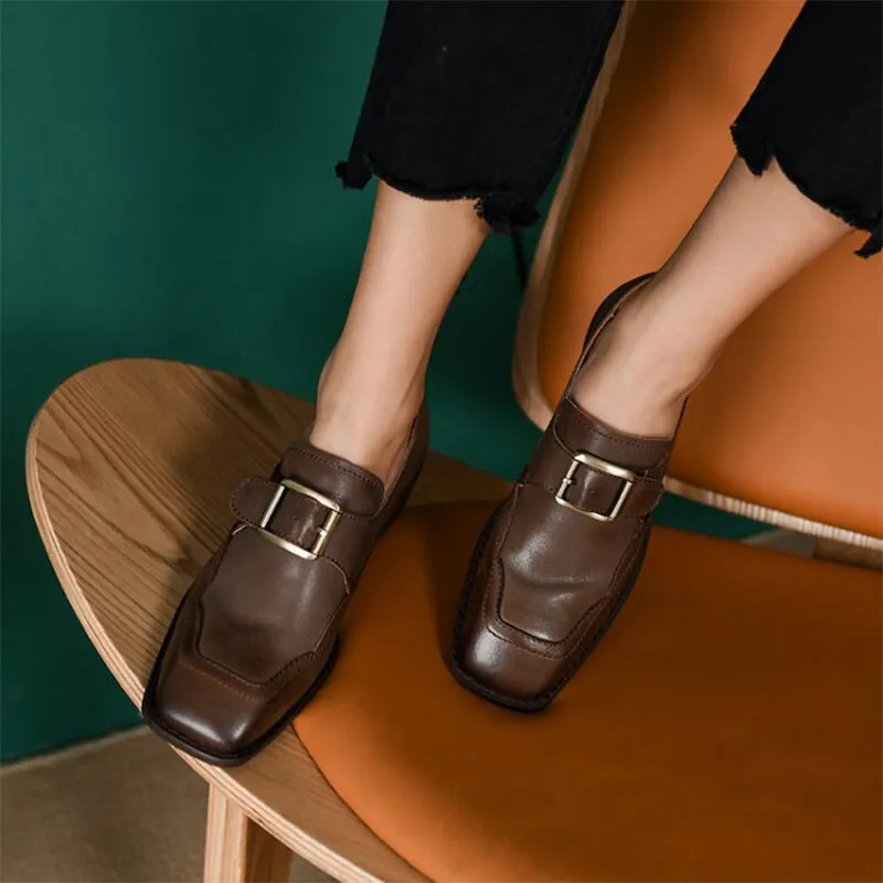 Leather Loafers for Women Block Heel with Metal Buckle Details in Coffee/Black