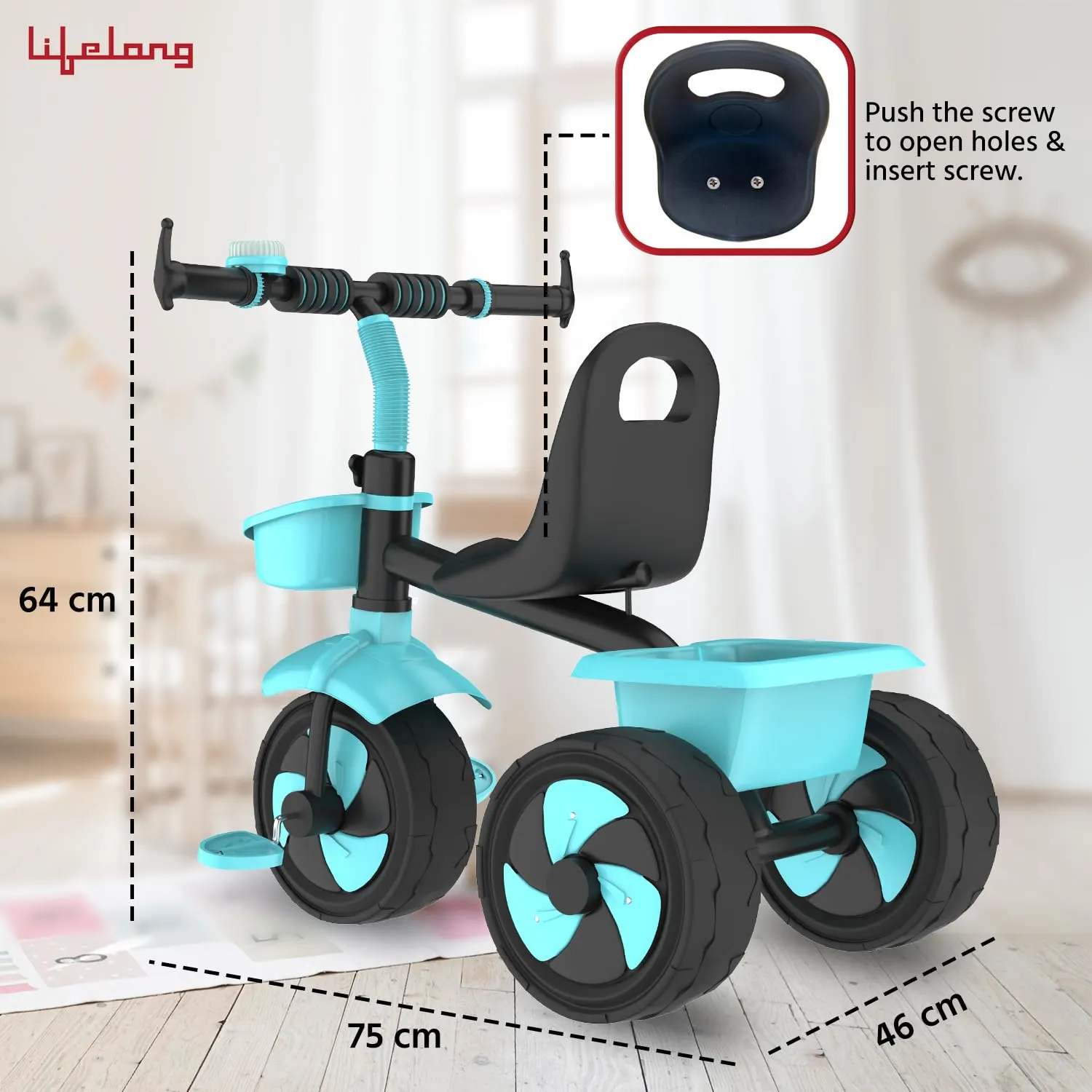 Lifelong Kids Tricycle with EVA Wheels, Bell & Storage Basket|Baby Trike|Age Group 2 Years to 5 Years Carrying Capacity Upto 30 kgs (LLKTC04, Black & Blue)