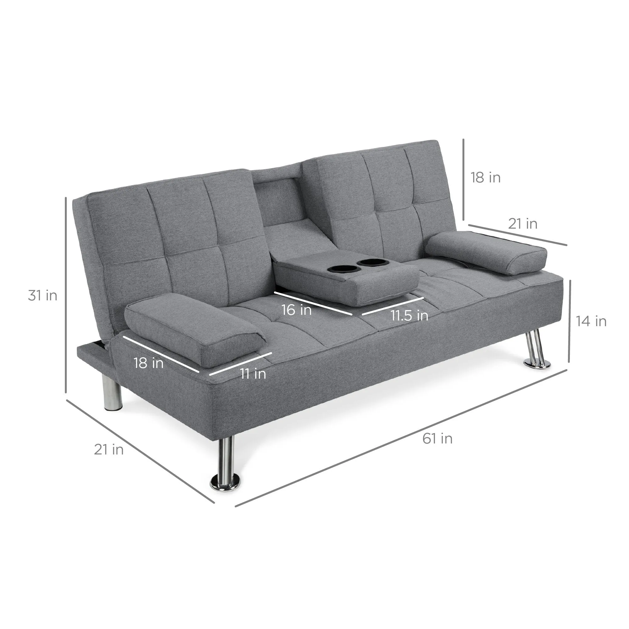 Linen Upholstered Convertible Sofa Bed Futon w/ 2 Cupholders