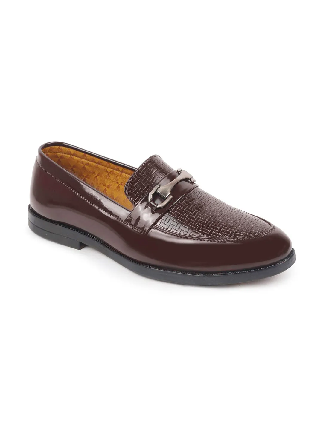 Men Brown Patent Leather Party/Formal Horsebit Slip On Shoes with Textured Details