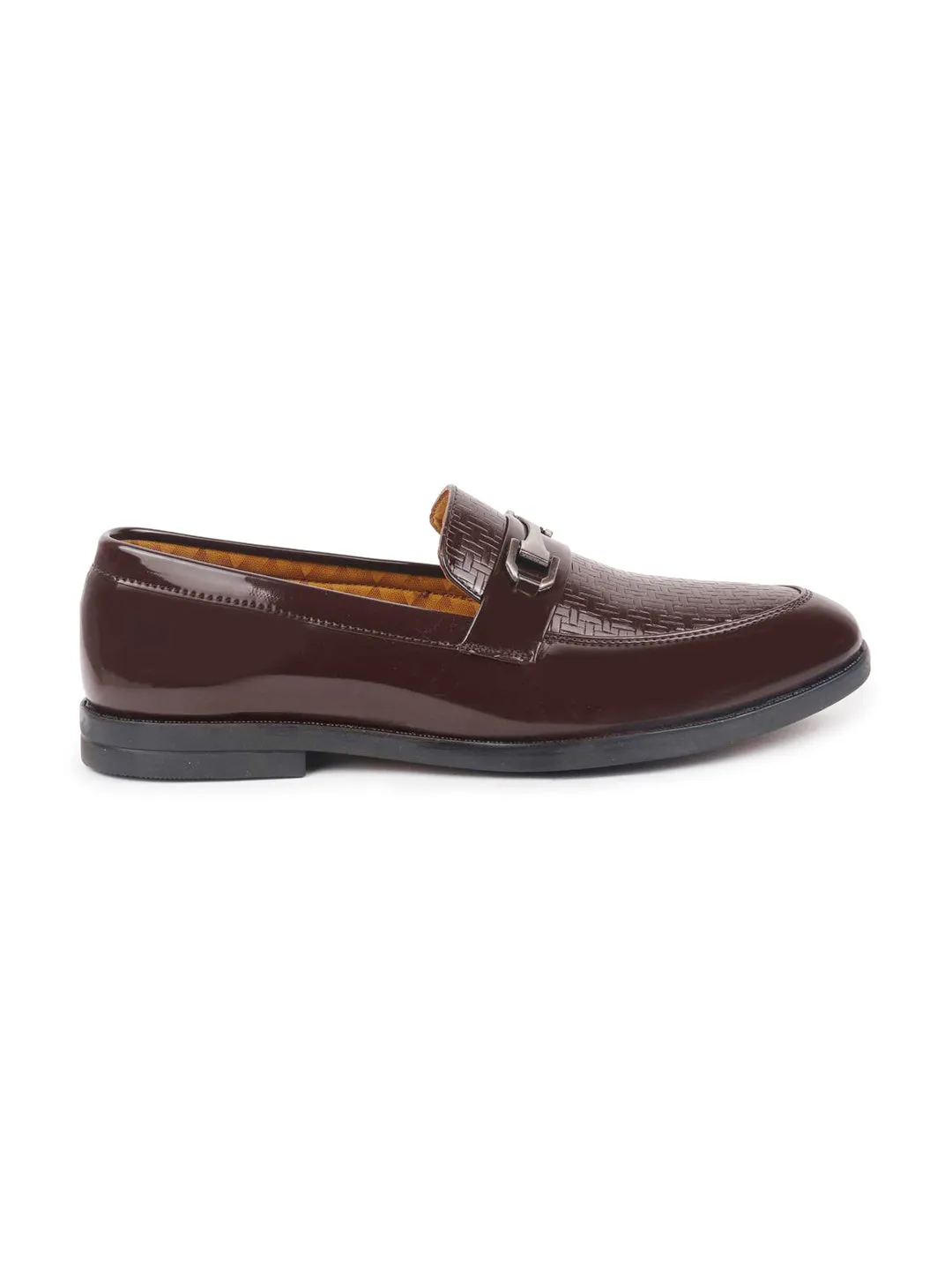 Men Brown Patent Leather Party/Formal Horsebit Slip On Shoes with Textured Details