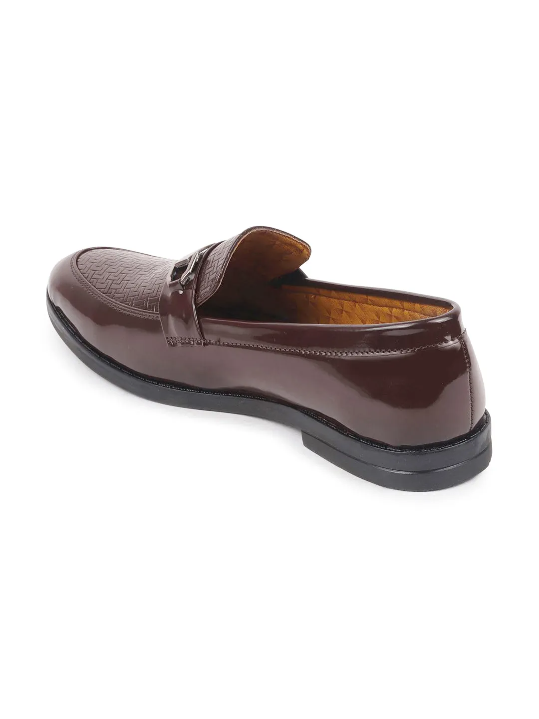 Men Brown Patent Leather Party/Formal Horsebit Slip On Shoes with Textured Details